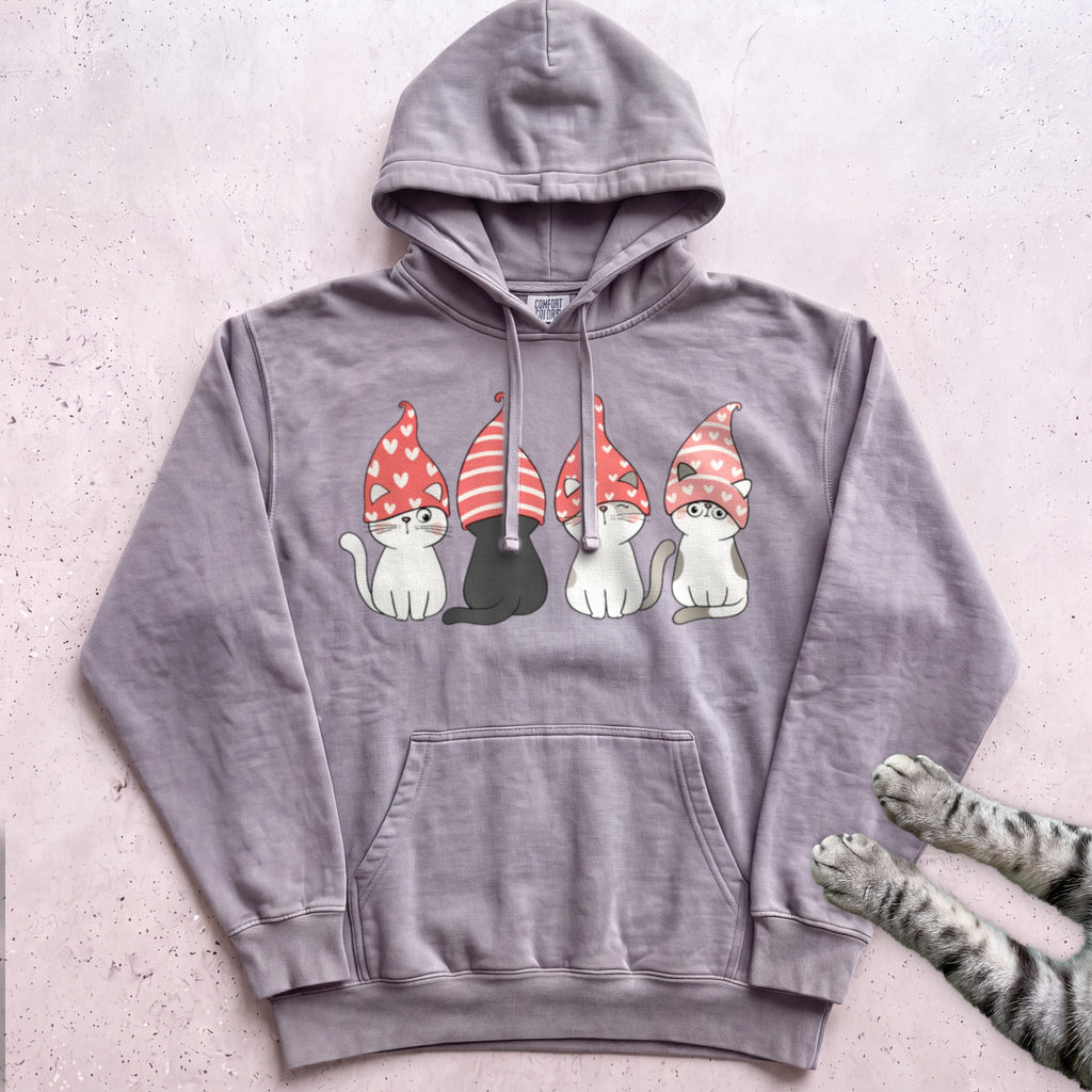 Valentine Gnome Cats Hoodie - Grey