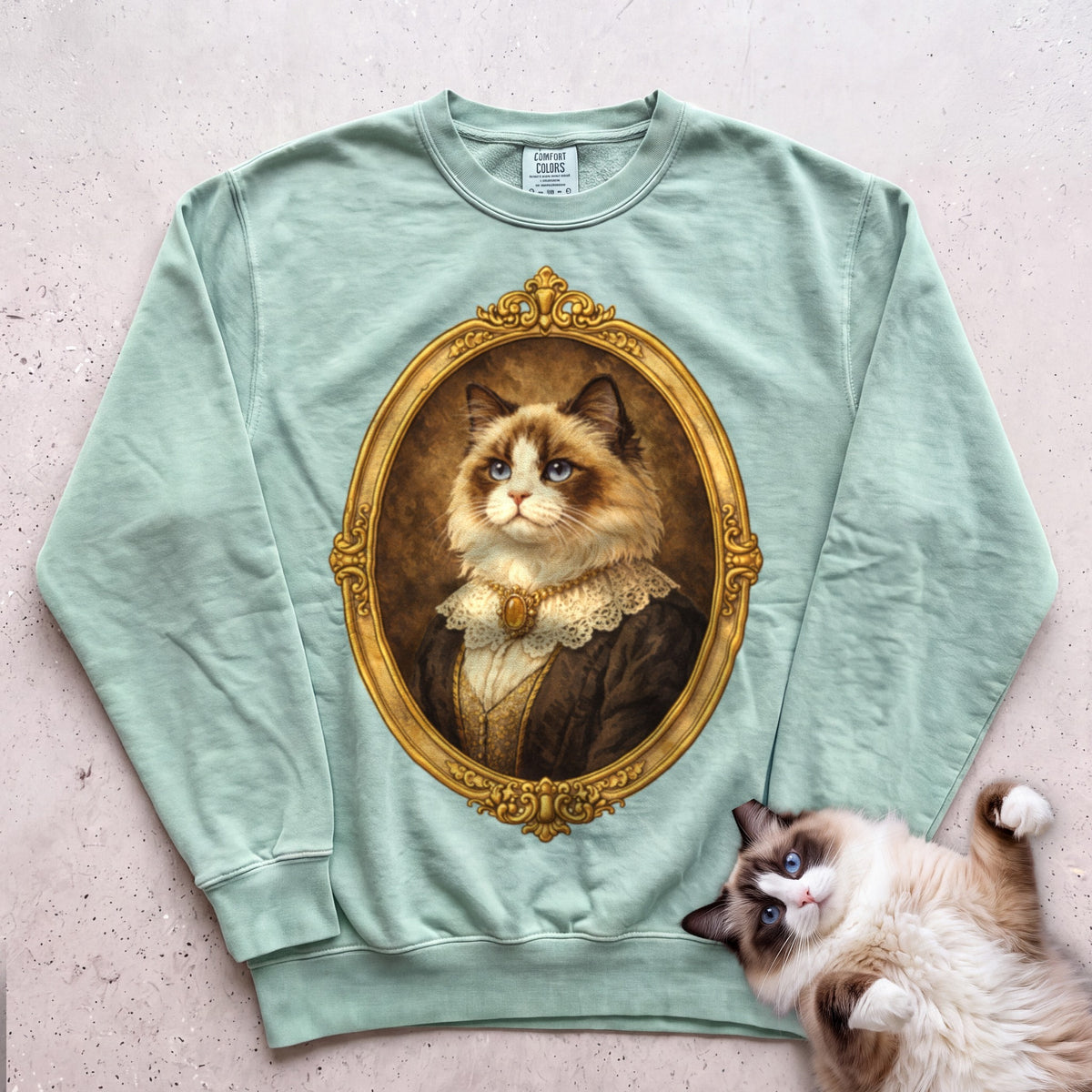 Victorian Heirloom Cat Portrait Personalized Sweatshirt - Light Green