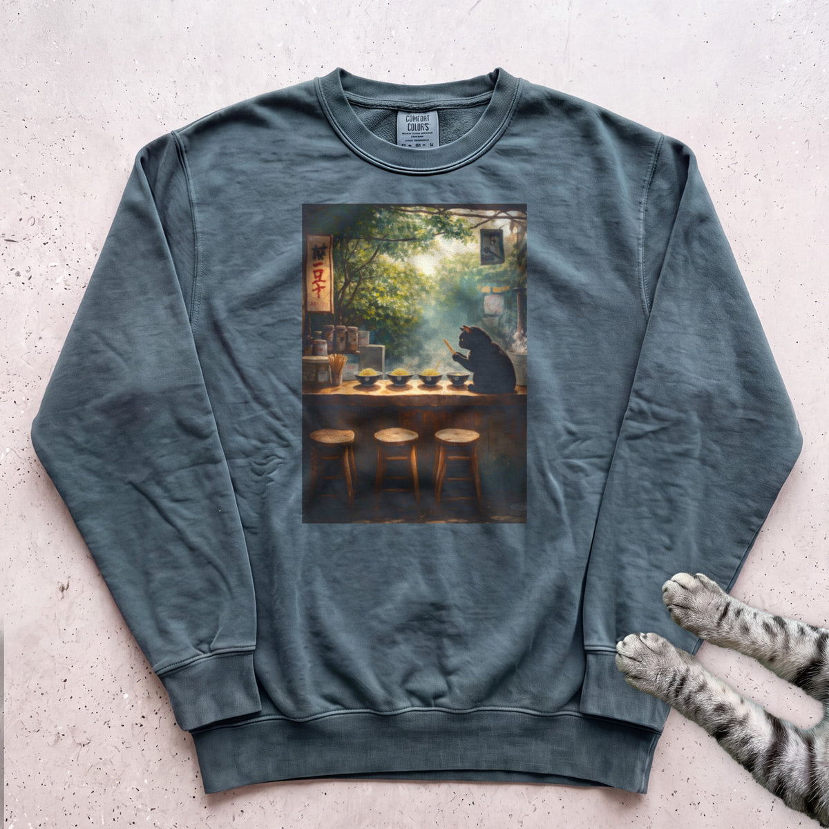Vintage Cafe Cat Sweatshirt - Blue Spruce