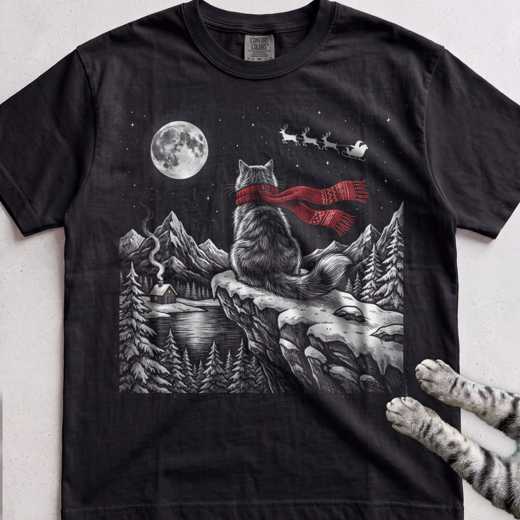 Watching for Santa Cat T-Shirt - Black