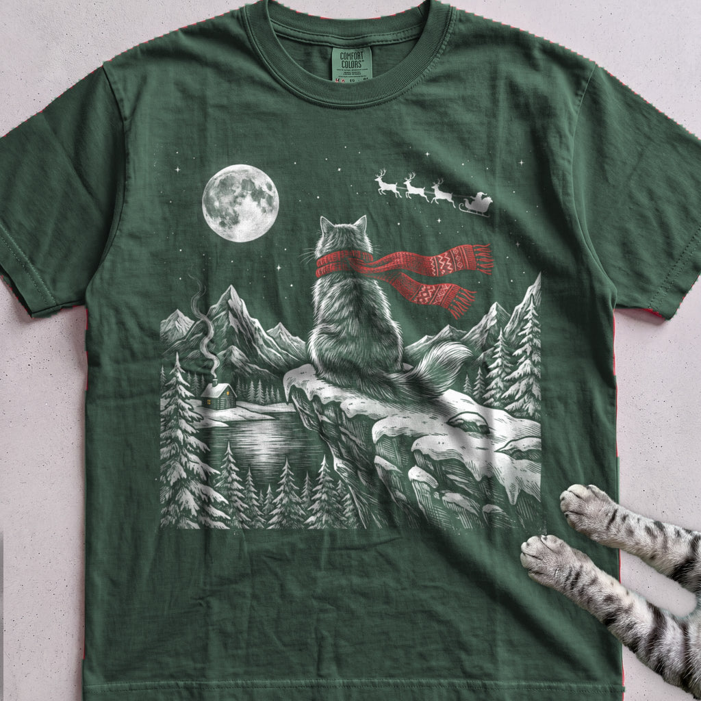 Watching for Santa Cat T-Shirt - Blue Spruce