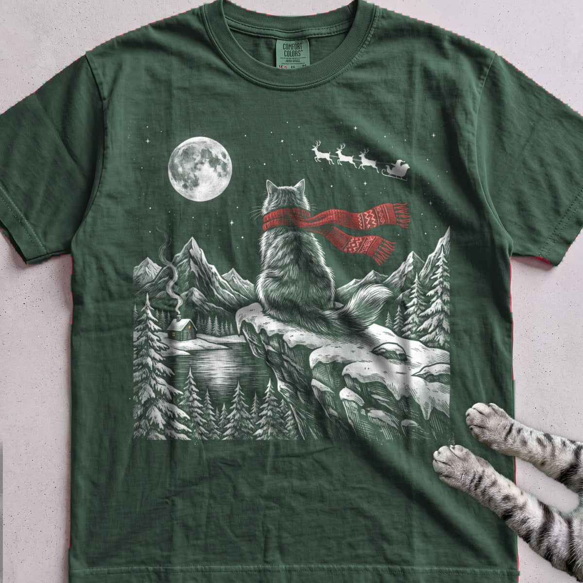 Watching for Santa Cat T-Shirt - Blue Spruce