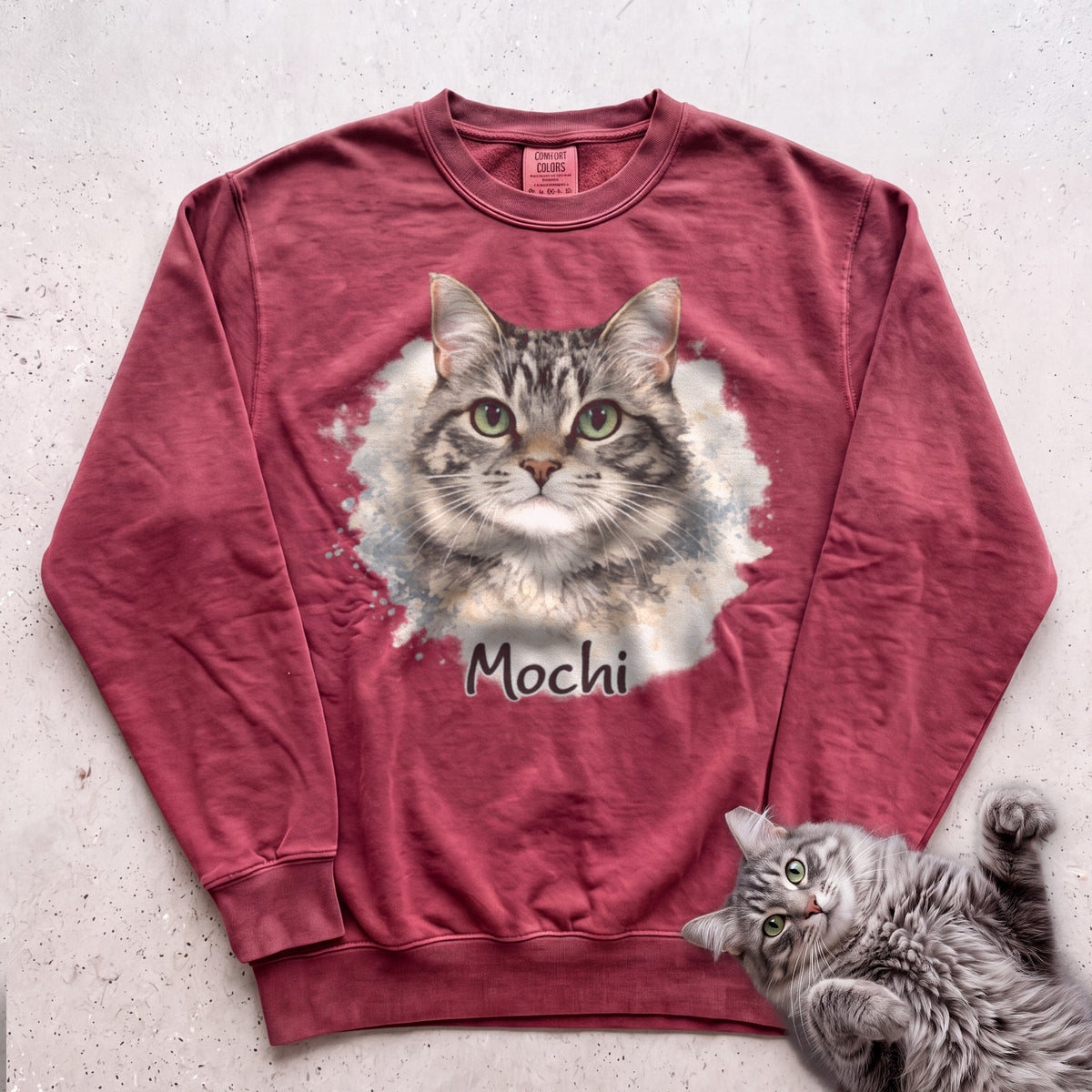 Watercolor Personalized Cat Portrait Sweatshirt - Crimson