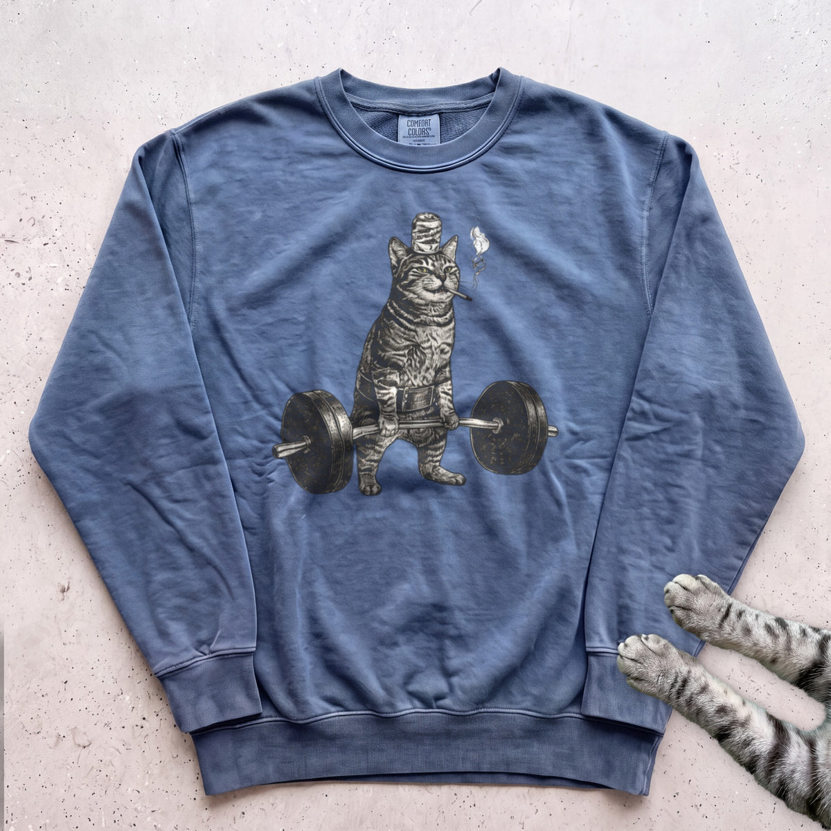 Weightlifting Cat Sweatshirt - Blue Jean