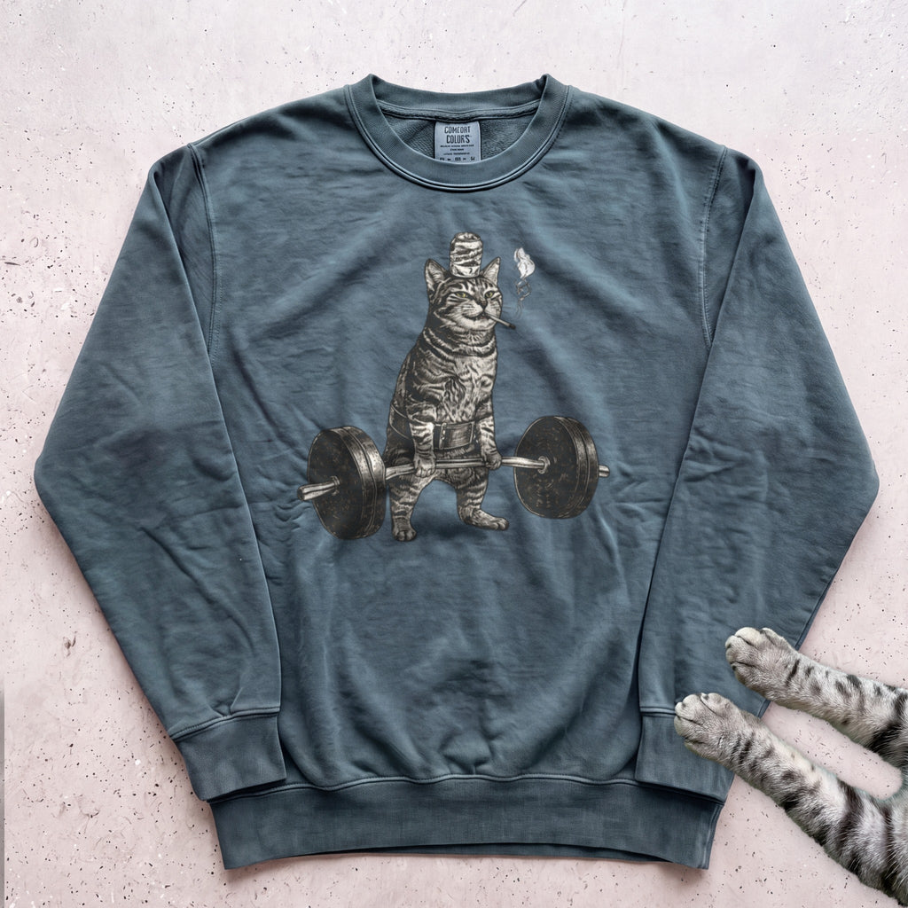 Weightlifting Cat Sweatshirt - Blue Spruce