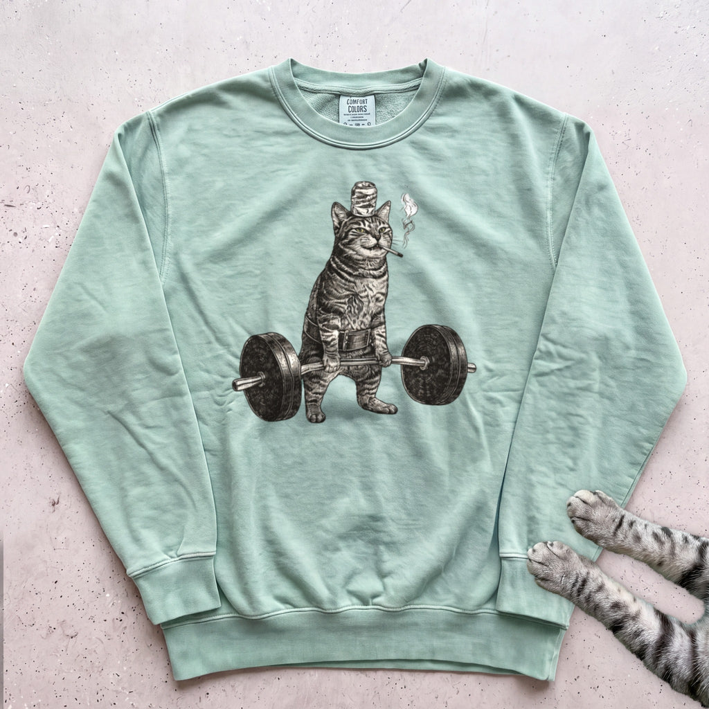 Weightlifting Cat Sweatshirt - Light Green