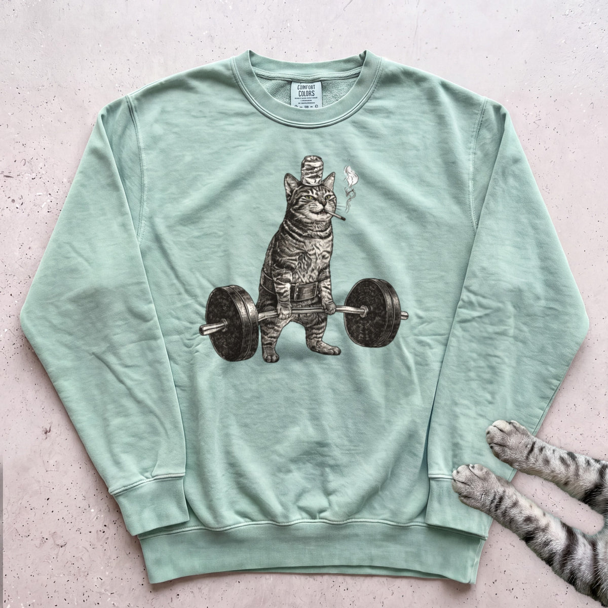 Weightlifting Cat Sweatshirt - Light Green