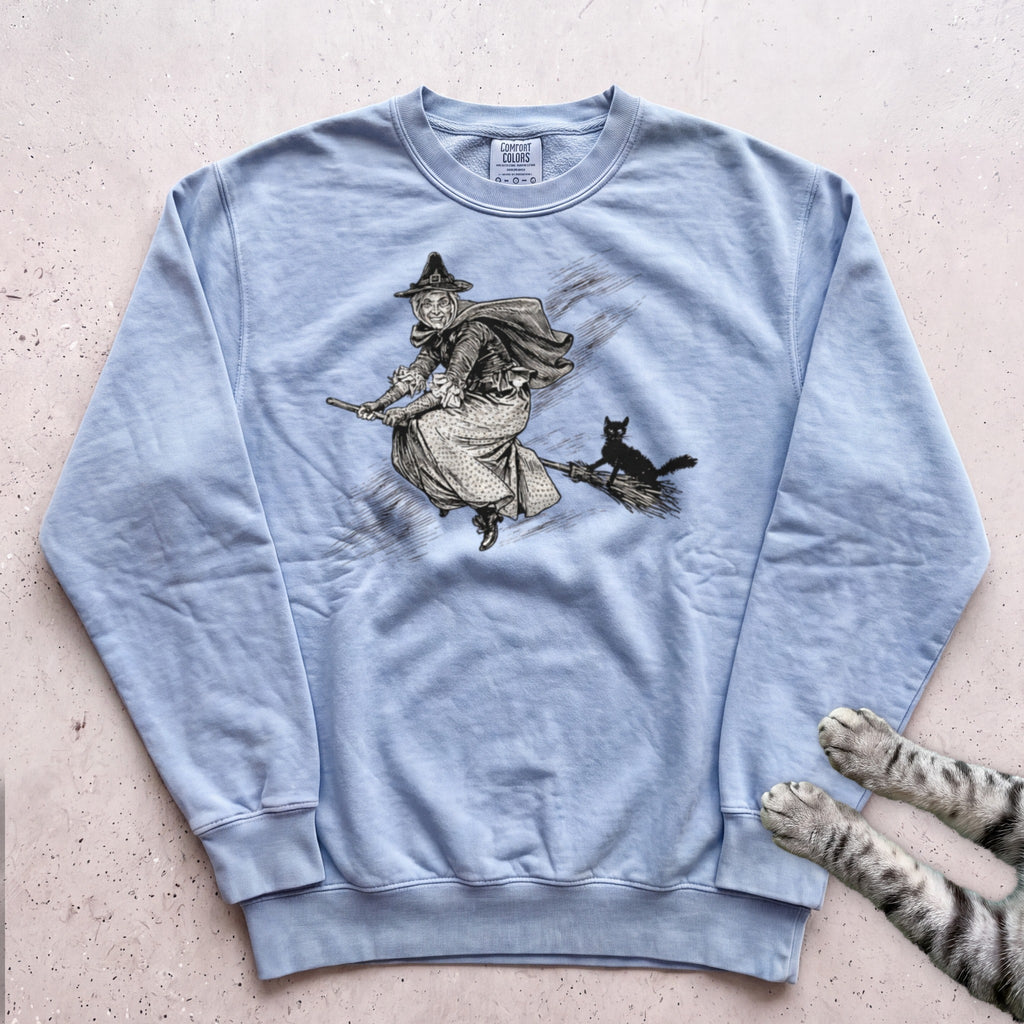 Witch on Broomstick With Cat Sweatshirt - Chambray