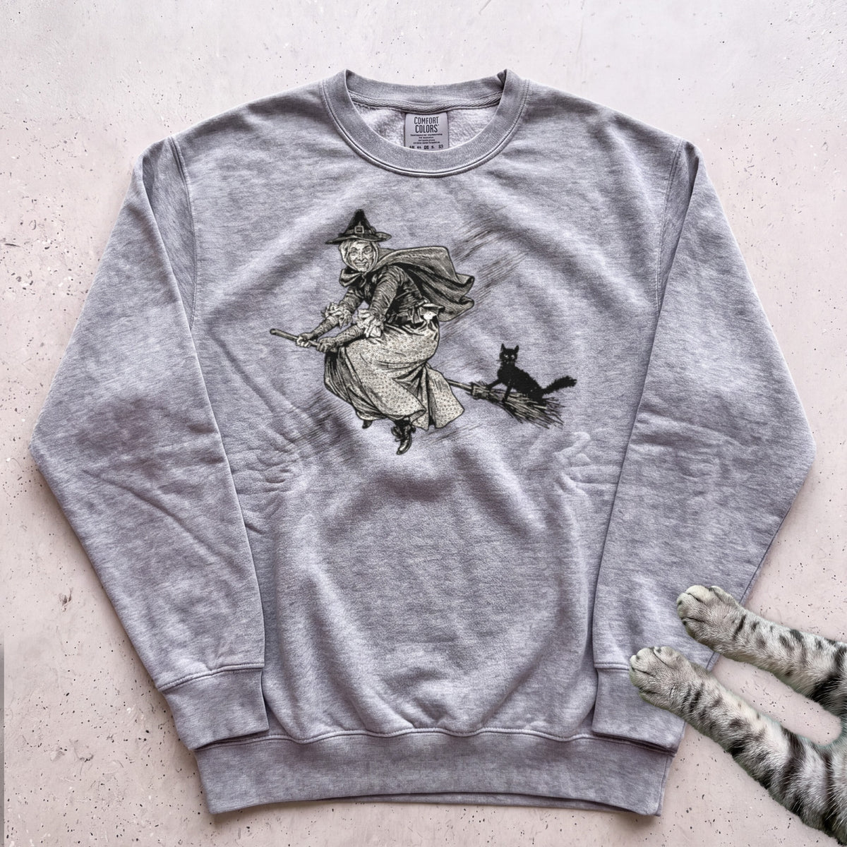 Witch on Broomstick With Cat Sweatshirt - Grey
