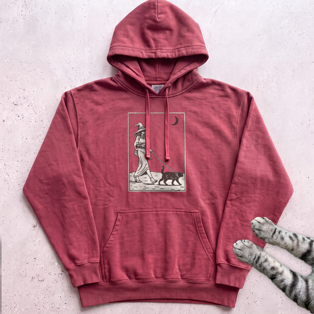 Witch Walking Black Cat Hoodie - Crimson