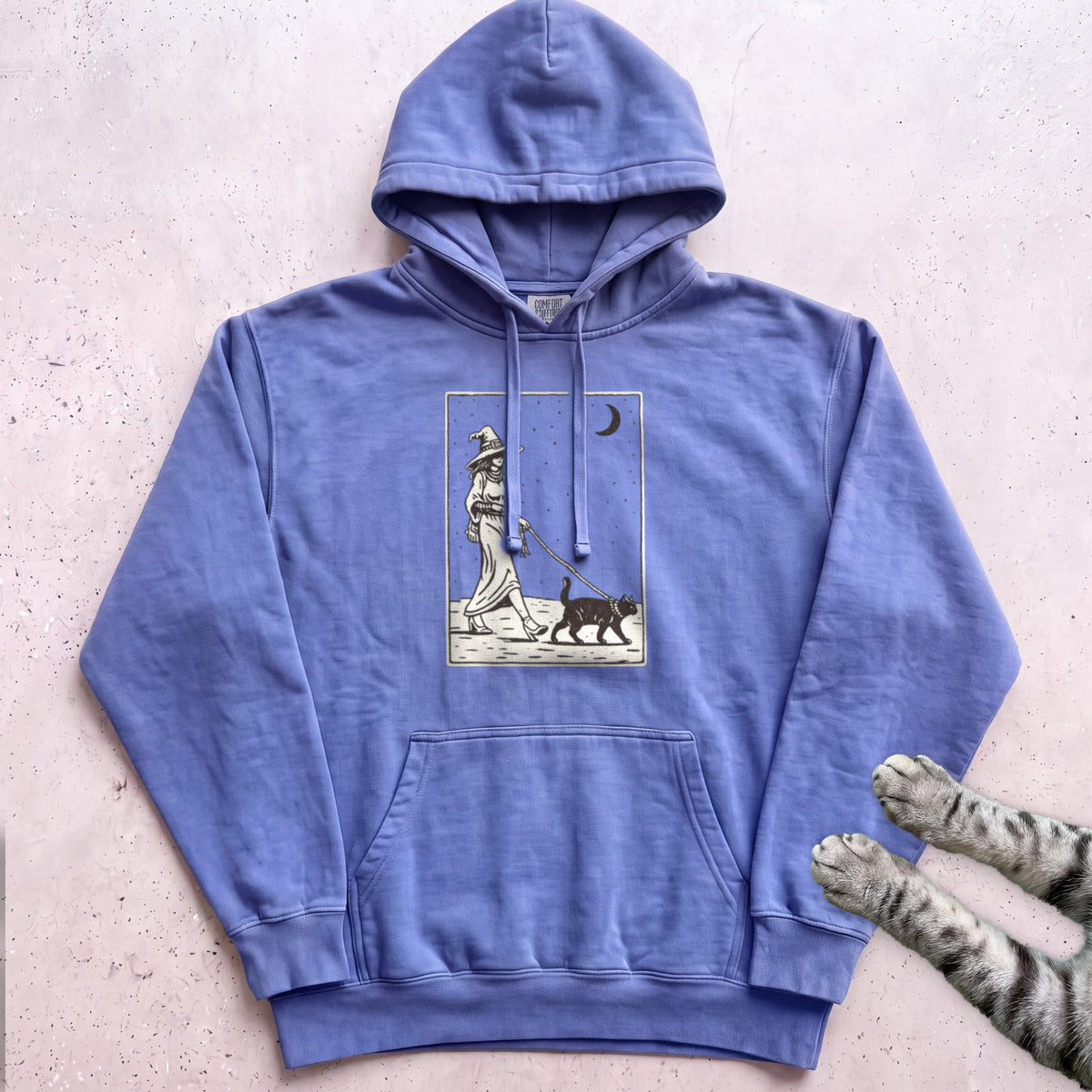 Witch Walking Black Cat Hoodie - Flo Blue