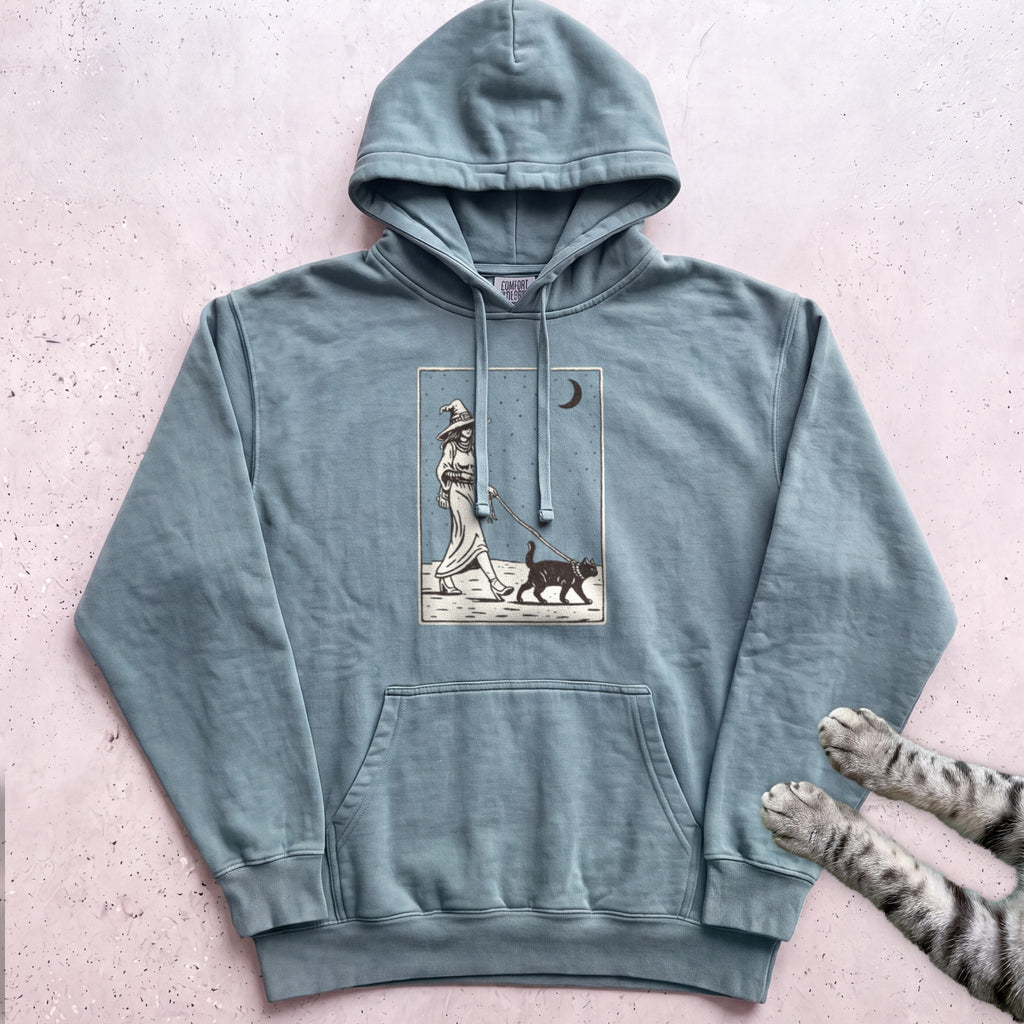 Witch Walking Black Cat Hoodie - Seafoam