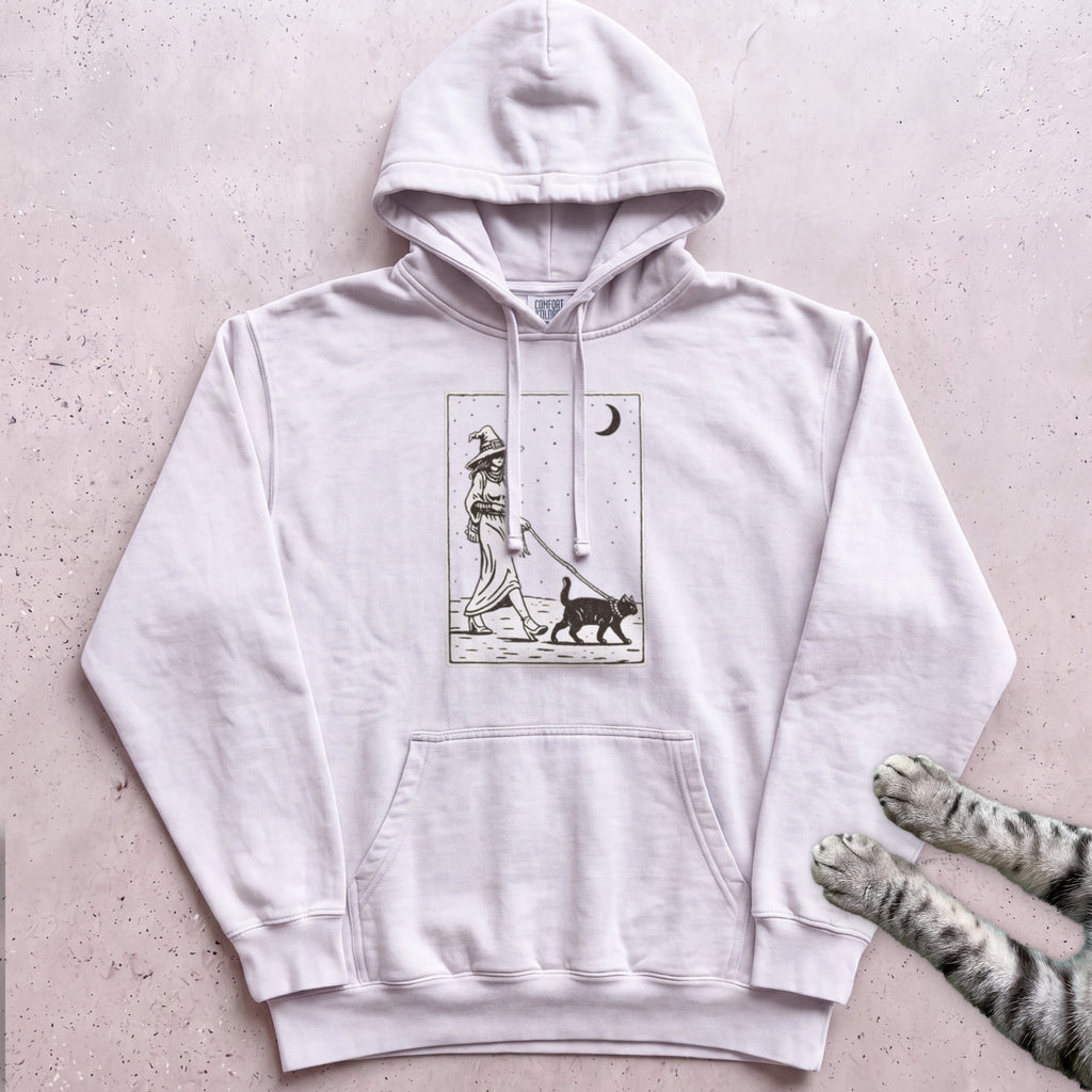 Witch Walking Black Cat Hoodie - White