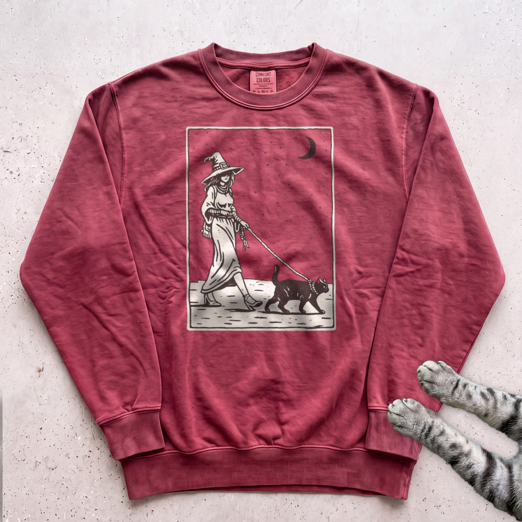 Witch Walking Black Cat Sweatshirt - Crimson
