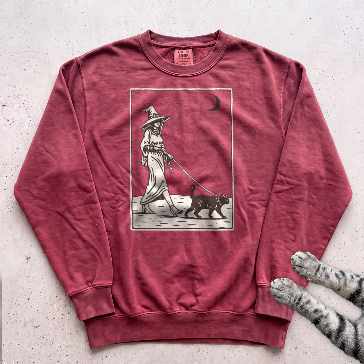 Witch Walking Black Cat Sweatshirt - Crimson