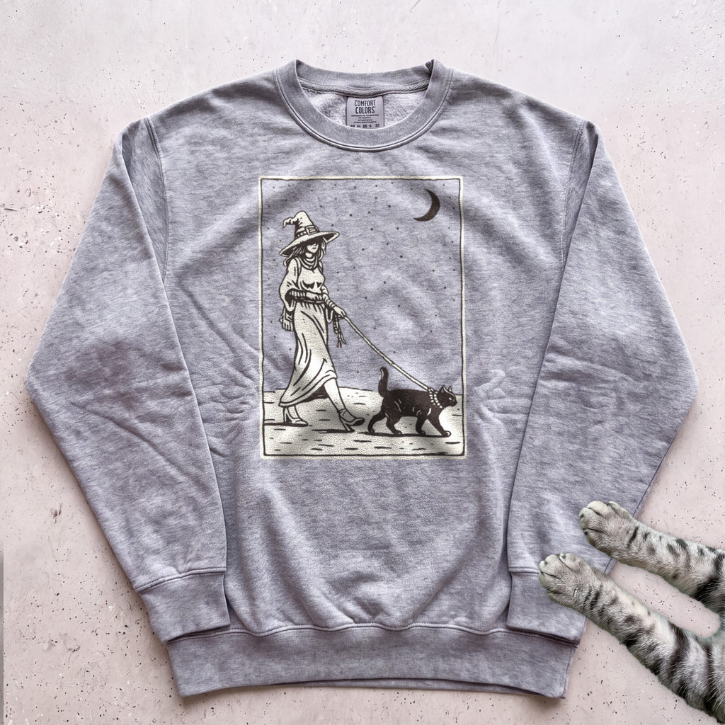 Witch Walking Black Cat Sweatshirt - Grey