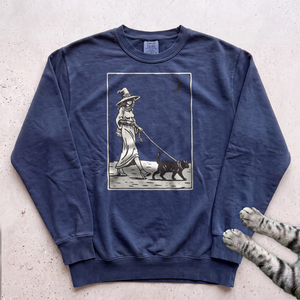 Witch Walking Black Cat Sweatshirt - True Navy