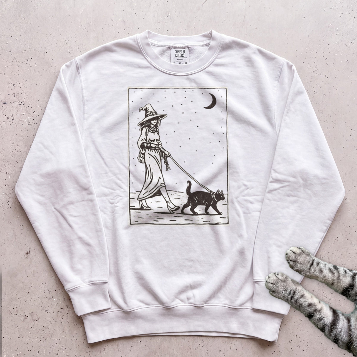 Witch Walking Black Cat Sweatshirt - White