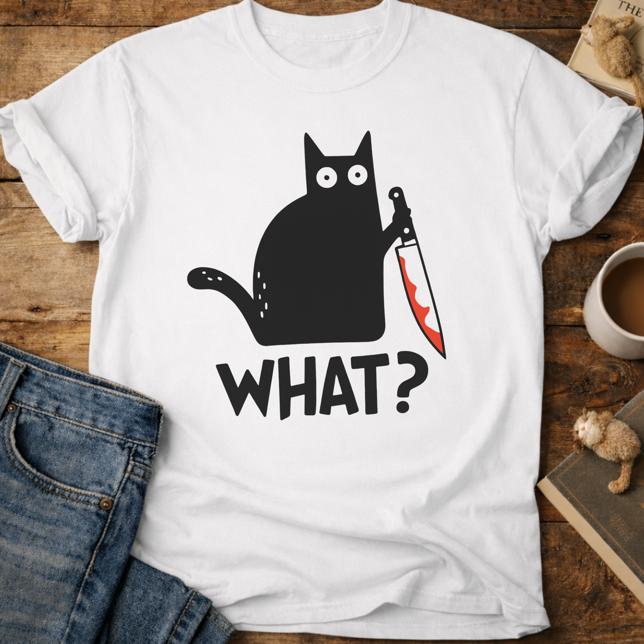 Cat With Knife "What?" T-Shirt