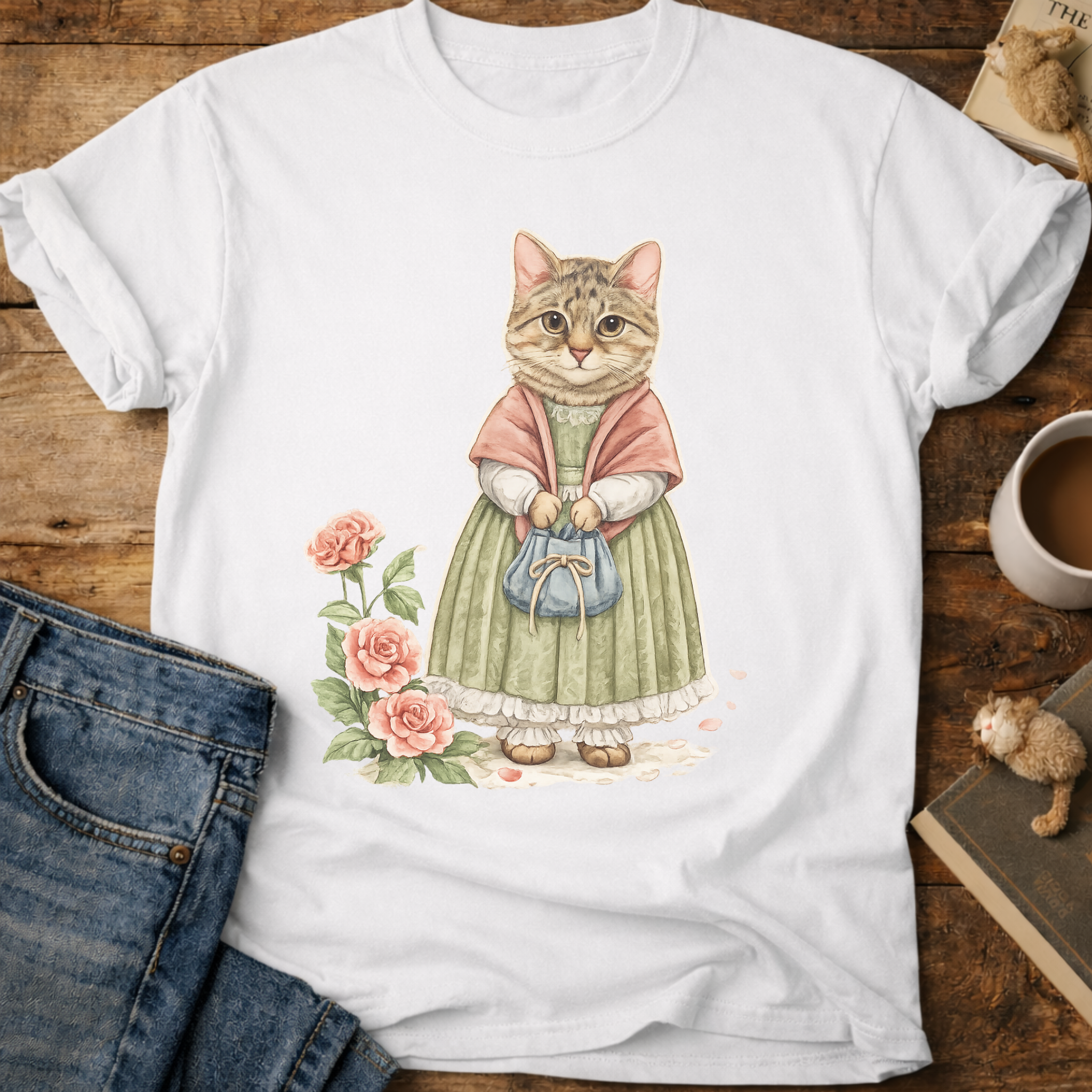 Vintage Floral Cat Portrait T-Shirt
