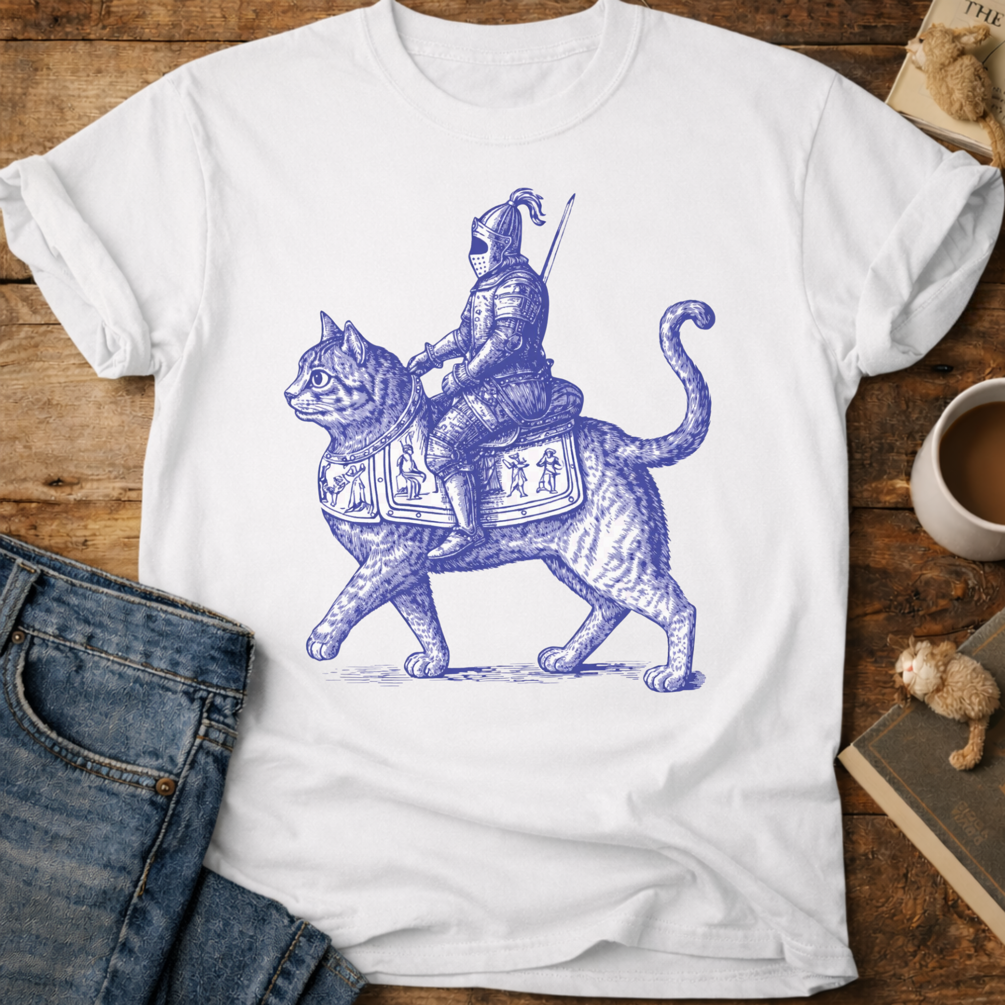 Medieval Knight Riding Cat T-Shirt